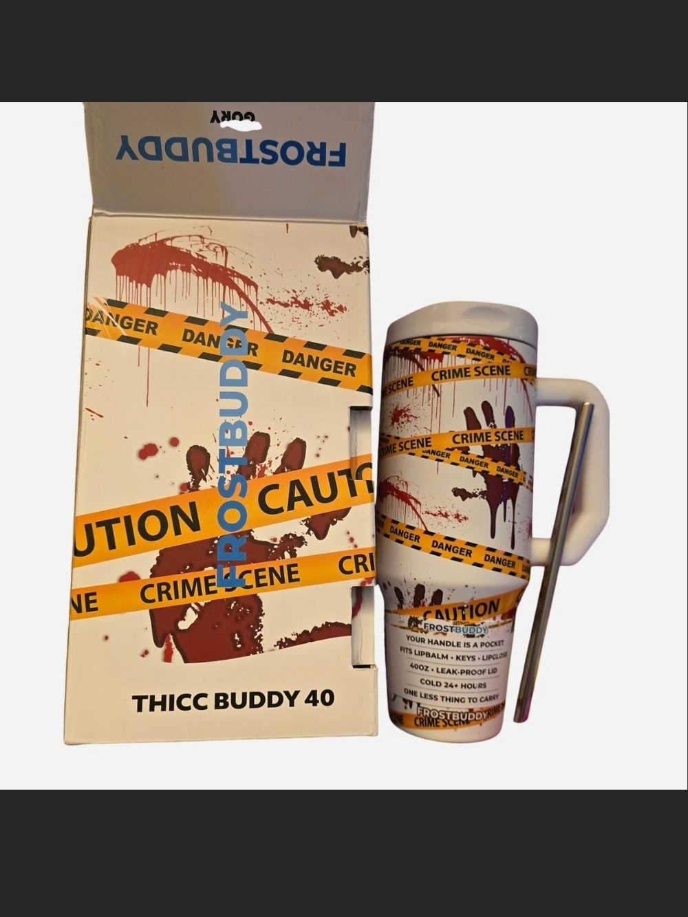 Thicc Buddy 40 Travel Mug - White with Yellow Caution Tape Design